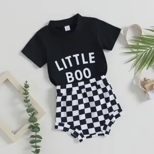 $10.00 - 3-6MX2, 6-12MX2 - Halloween Little Boo Shirt with Check Shorts
