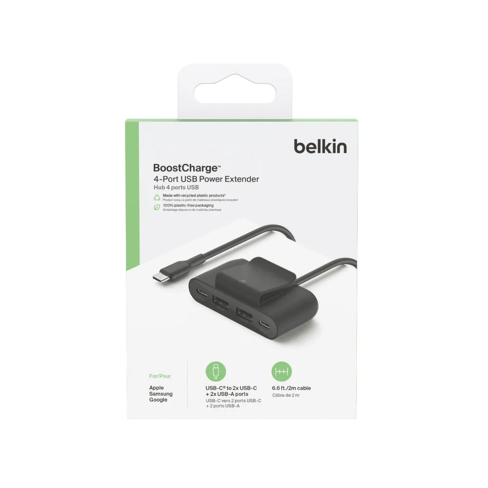 BELKIN BoostCharge 4-Port Charger 30W with Clip - 2x USB-C and 2x USB-A Ports - 2M Cable - Black