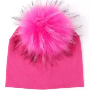 Toddler Faux Fur Pom Beanie Fuschia/White